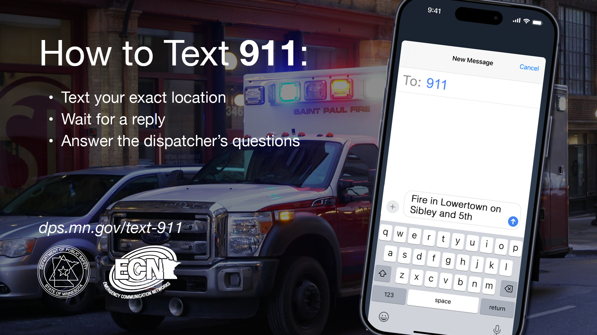 image of phone texting 911, with an ambulance in the background and basic instructions