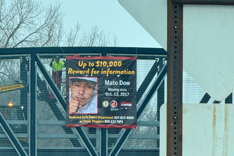 Mato Dow banner being installed at the entrance to the Lower Sioux Indian Reservation.