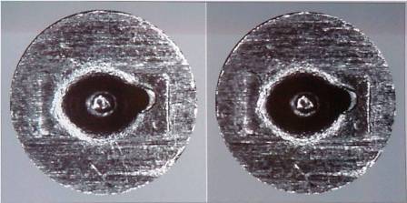 A picture showing the microscopic comparison from a known to an unknown cartridge.