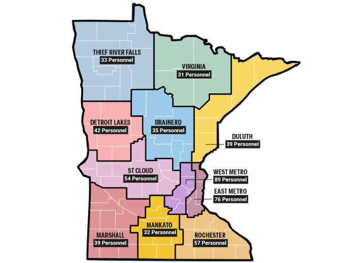 Map showing staffing numbers from the various State Patrol districts across Minnesota