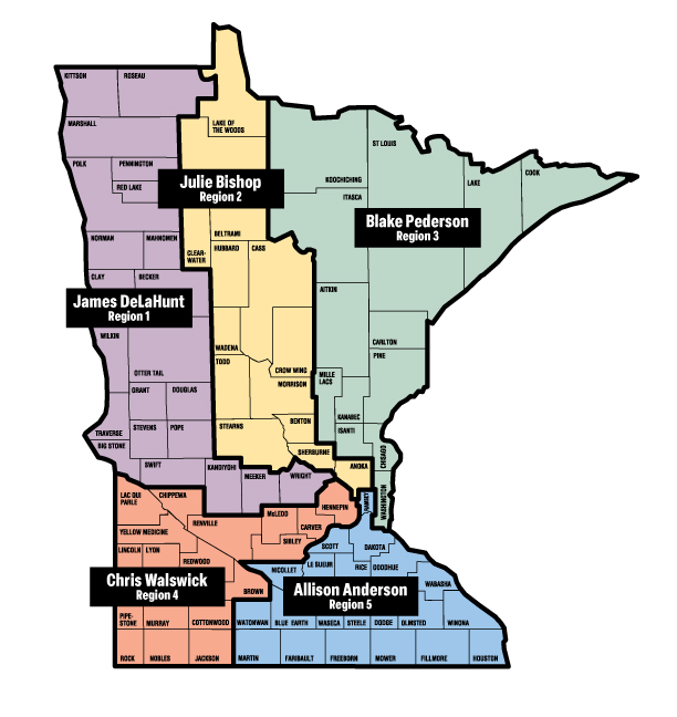 Map of Minnesota counties showing the coverage areas of each alcohol inspector
