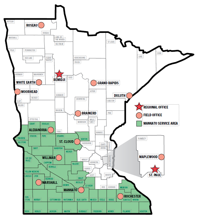 Map of Minnesota showing the southern counties in the state which will use the Bureau of Criminal Apprehension's southern Minnesota regional office and laboratory.