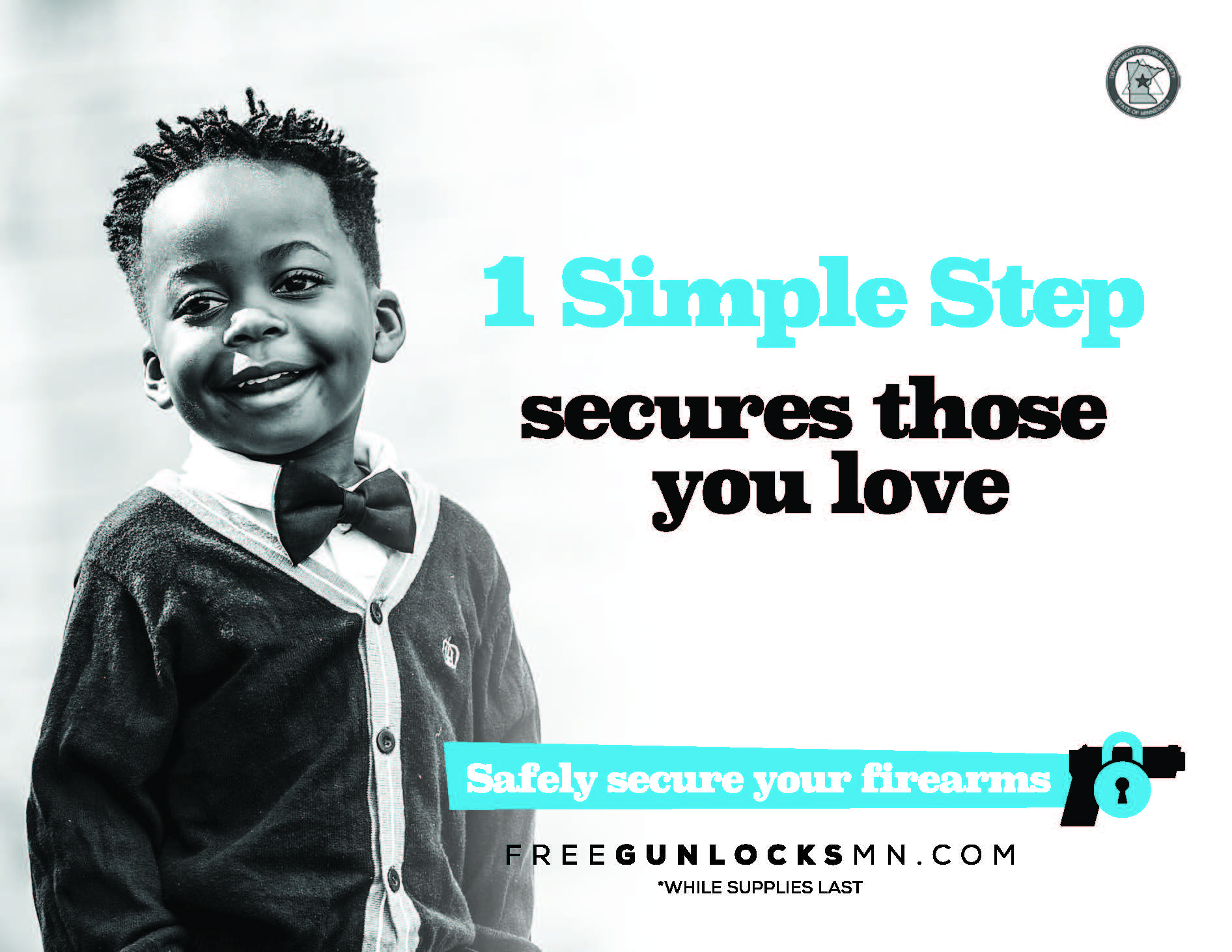 A little boy smiling with the words "1 simple step secures those you love"