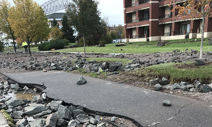 Duluth Lakewalk with broken sections after a storm