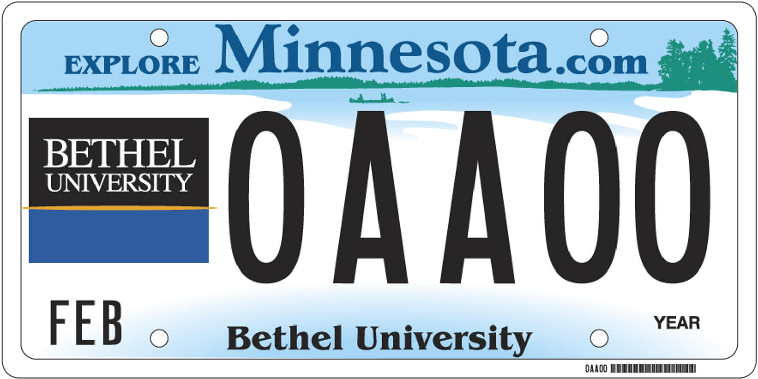 Sample of a Bethel University license plate