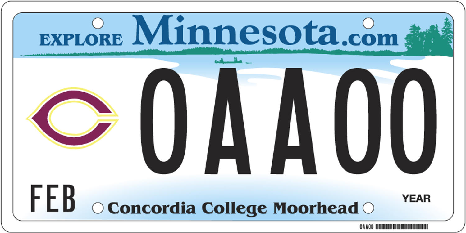 Sample of a Concordia College Moorhead license plate