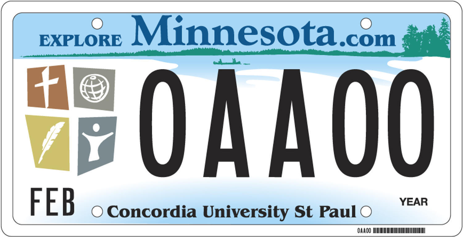 Sample of a Concordia University St. Paul license plate