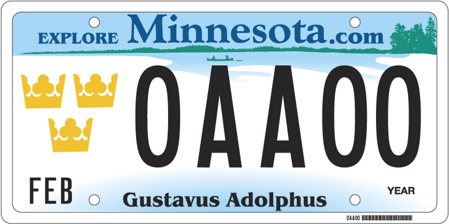 Sample of a Gustavus Adolphus College license plate