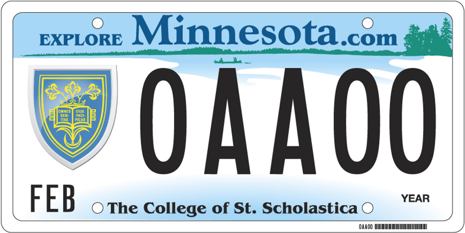 Sample of a the College of St. Scholastica license plate