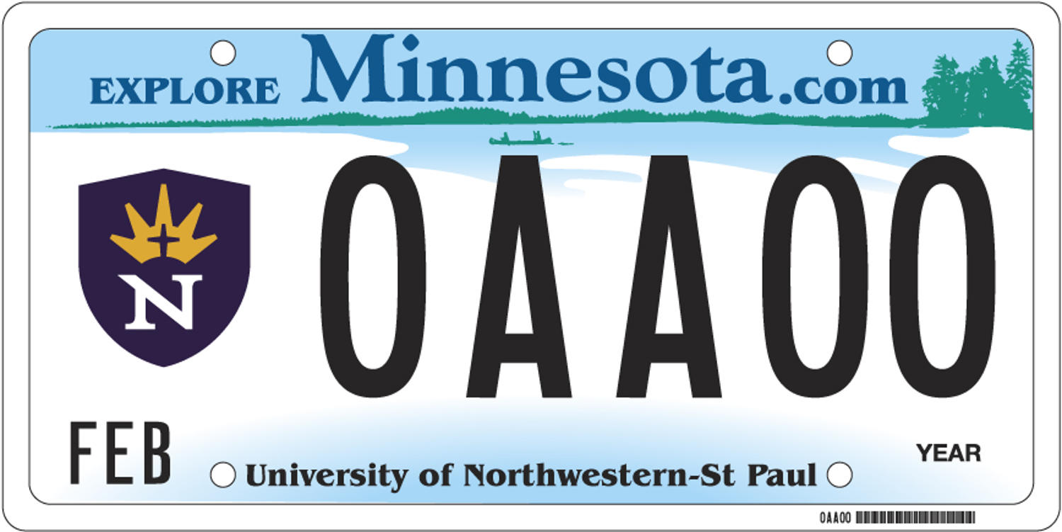 Sample of a University of Northwestern St. Paul license plate