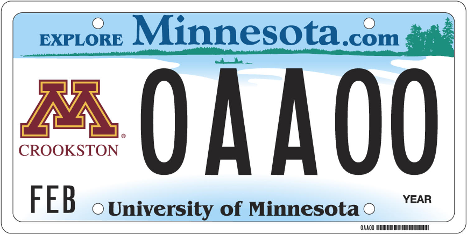 Sample of a University of Minnesota Crookston license plate