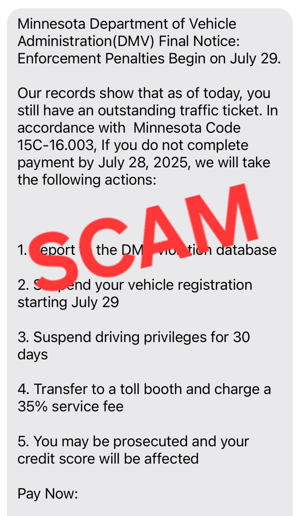 Text message with red scam over it
