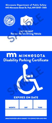 Sample disability parking certificate with a blue background and white wheelchair graphic 