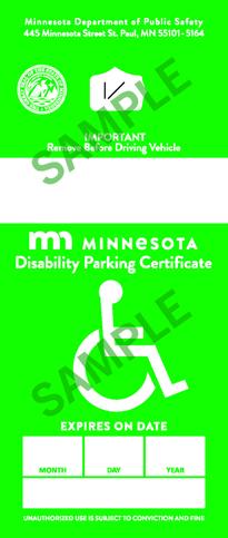 Sample disability parking certificate with a green background and white wheelchair graphic 