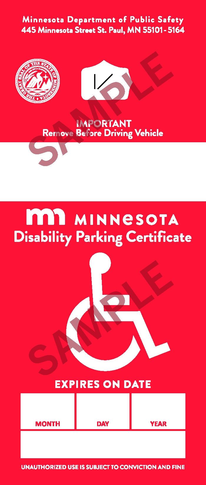 Sample of a red disability hangtag for a vehicle