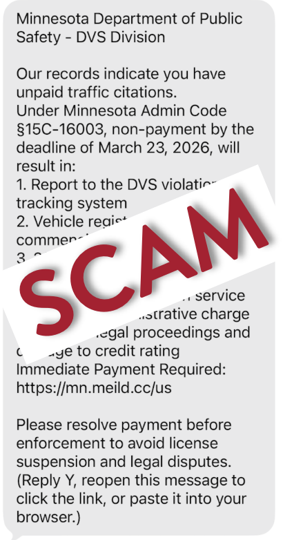 Scam text message posing as DVS and threatening consequences like loss of driving privileges if the recipient does not pay fake fines.