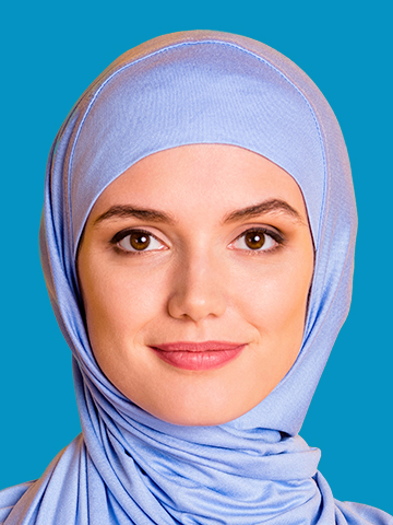 Example of a card photo of a person wearing a hijab with full face showing.