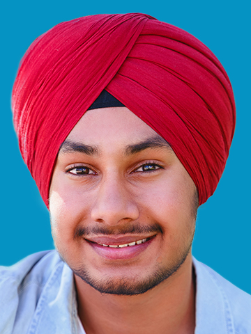 Example of a card photo of a person wearing Hindu head wear with full face showing.