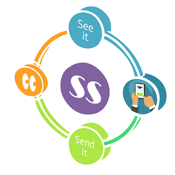 See it, Say it, Send it app logo with four circles around a circle with SS. The four connected circles are: "See it", a graphic of hands typing on a phone, "Send it", and cartoon eyes.