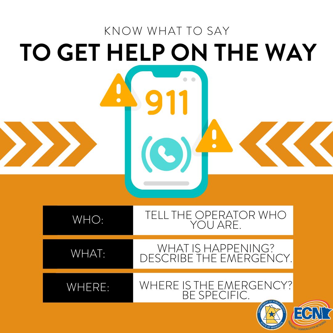 Graphic that says: Know what to say to get help on the way Who: Tell the operator who you are. What: What is happening? Describe the emergency. Where: Where is the emergency? Be specific.  The graphic includes an illustration of a phone calling 911. The logos for the Dept. of Public Safety and the Emergency Communication Networks are at the bottom.
