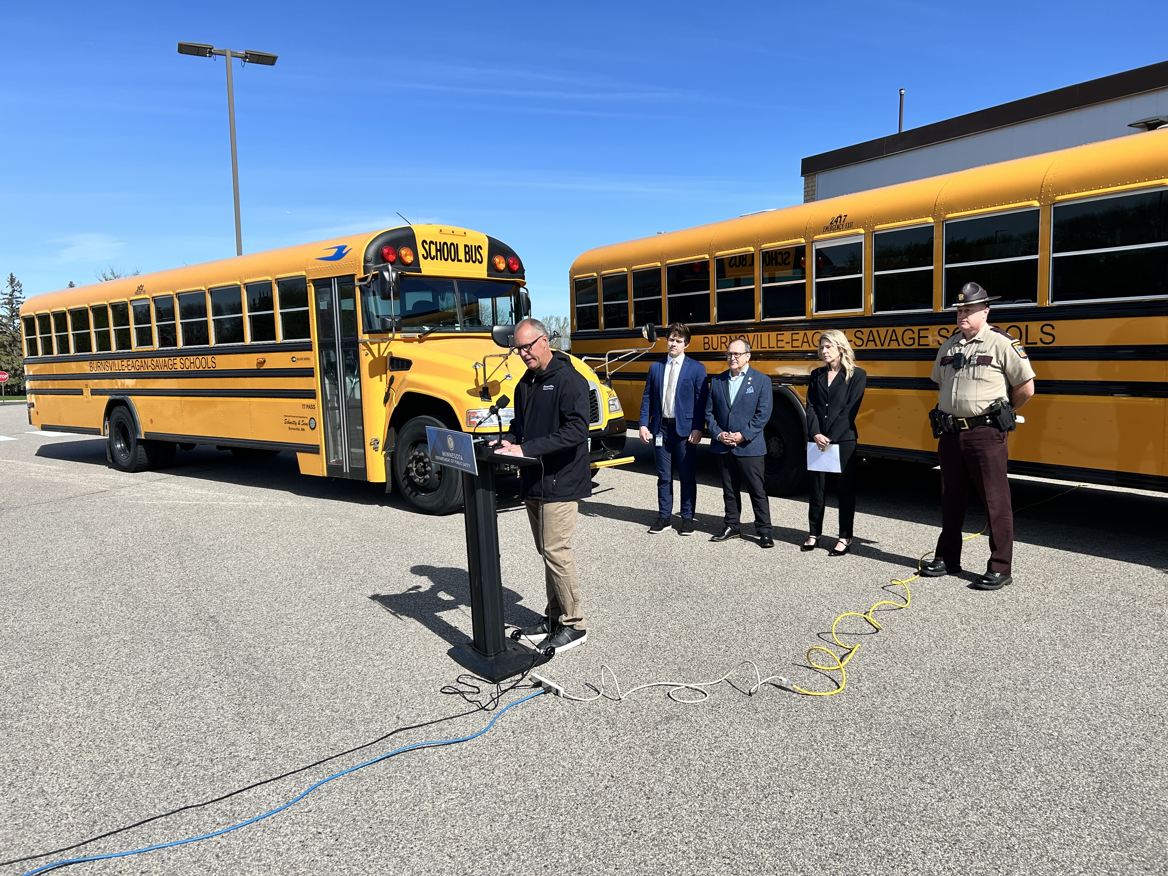 News conference with Minnesota State Patrol, safety advocates, busing officials and lawmakers to explain the new school bus safety law.