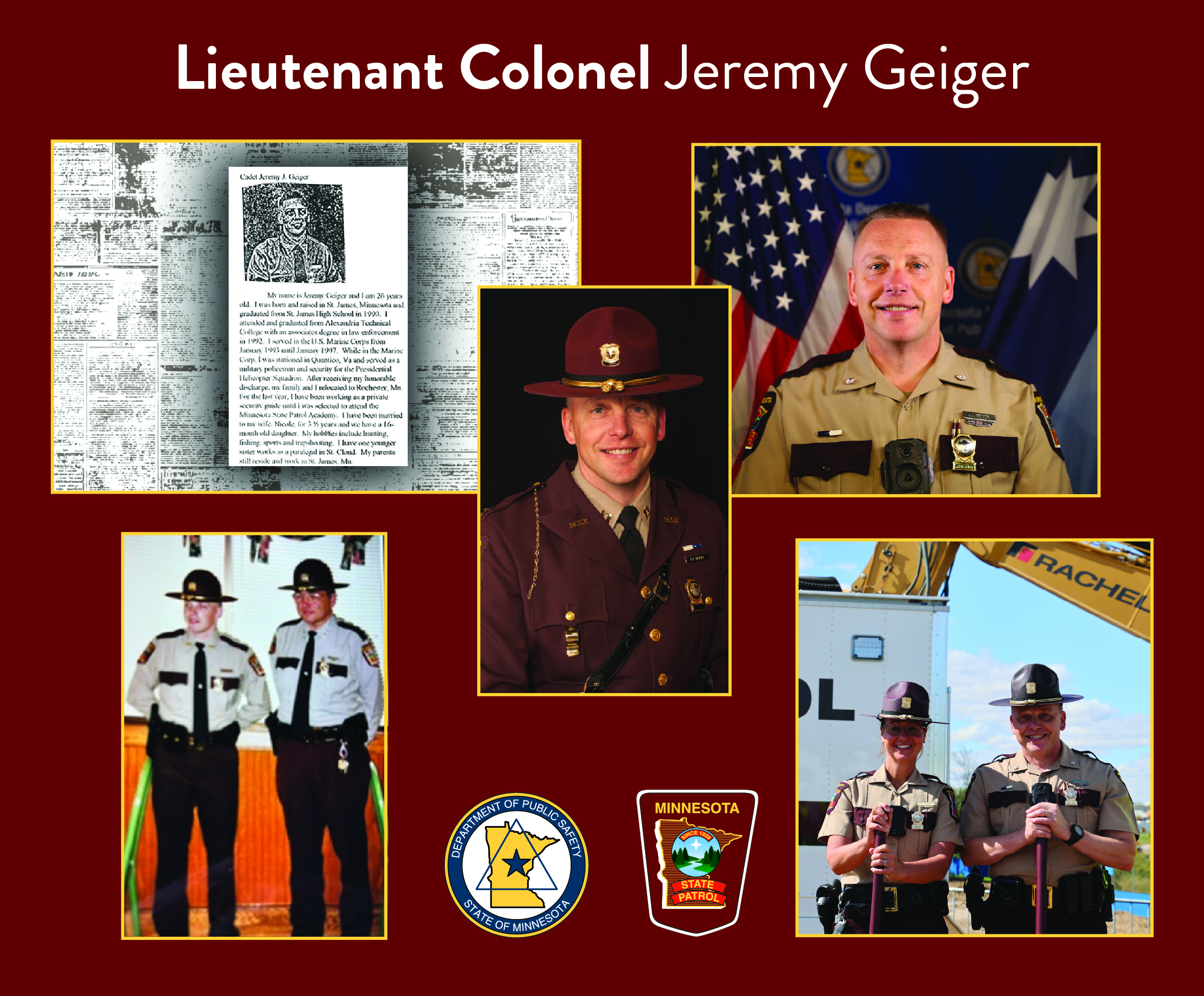A collage featuring photos of Jeremy Geiger wearing his State Patrol uniform at various stages throughout his career.