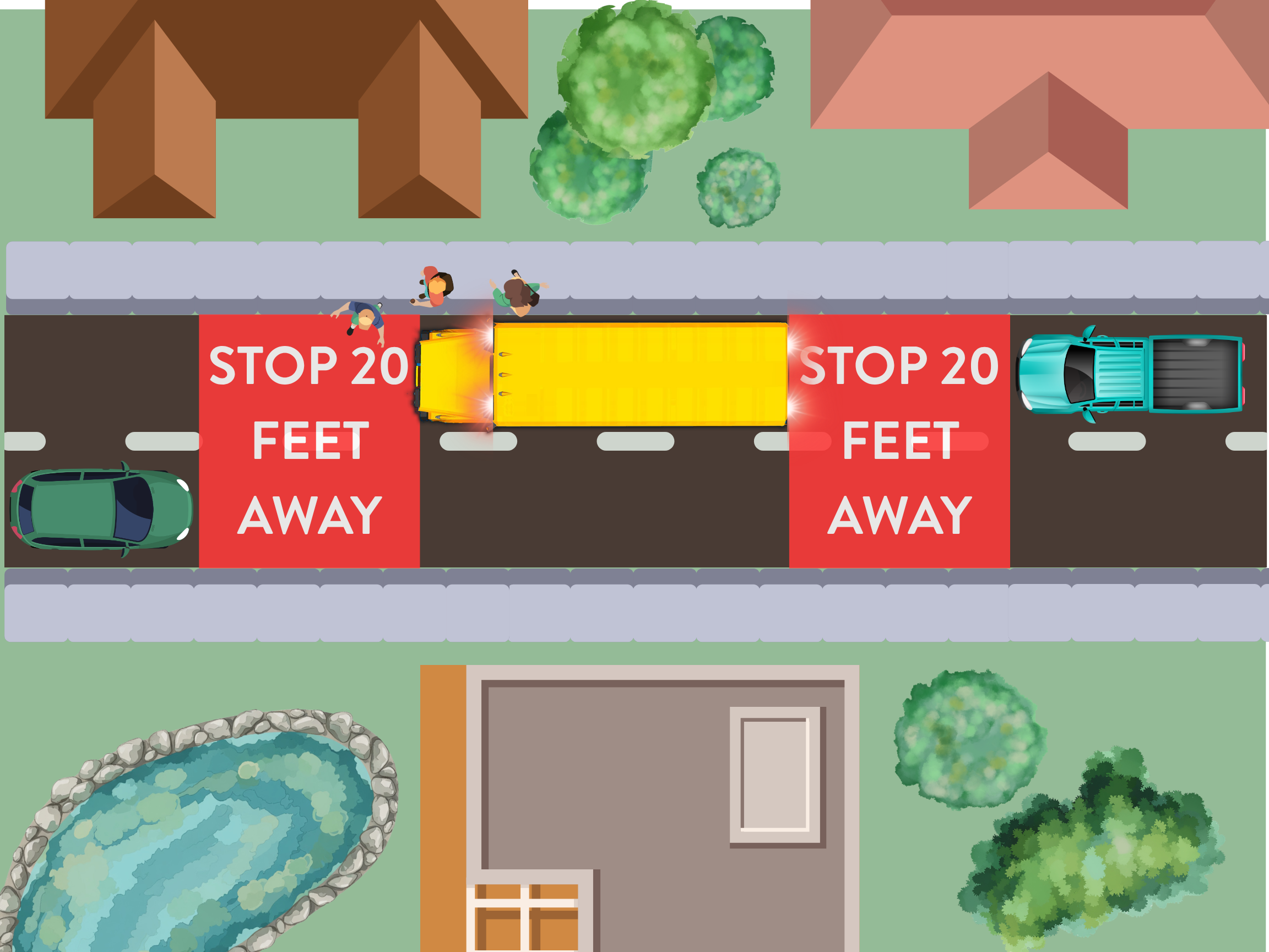 Graphic showing a school bus on an undivided roadways with cars in both directions stopped at least 20 feet away from the bus.