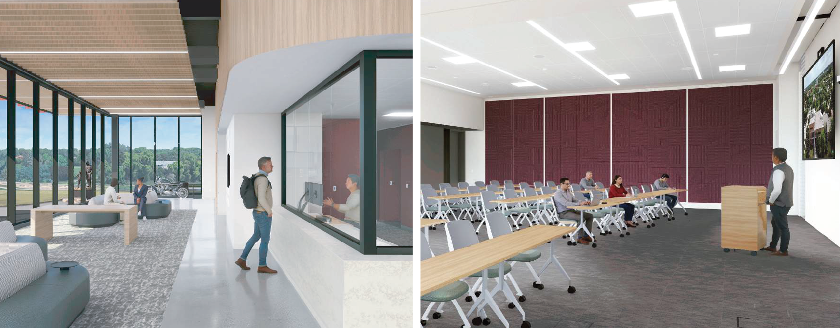 Renderings of what the entry and classroom spaces of the new State Patrol headquarters will look like.