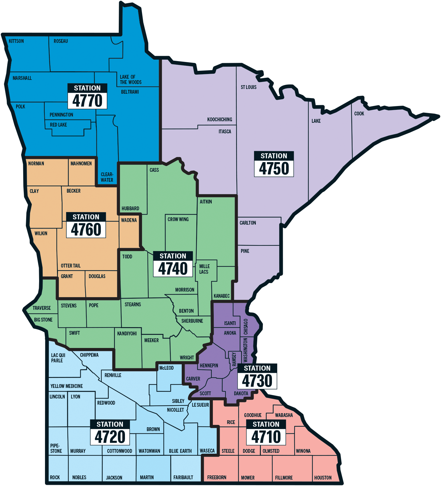 A map of the state of Minnesota with counties sectioned off into different commercial vehicle stations. The northwest corner of the state is Station 4770. The northeast corner of the state is 4750. The west-central part of the state is Station 4760. Central Minnesota is Station 4740. The metro area is Station 4730. The southwest corner is Station 4720. The southeast corner is Station 4710.