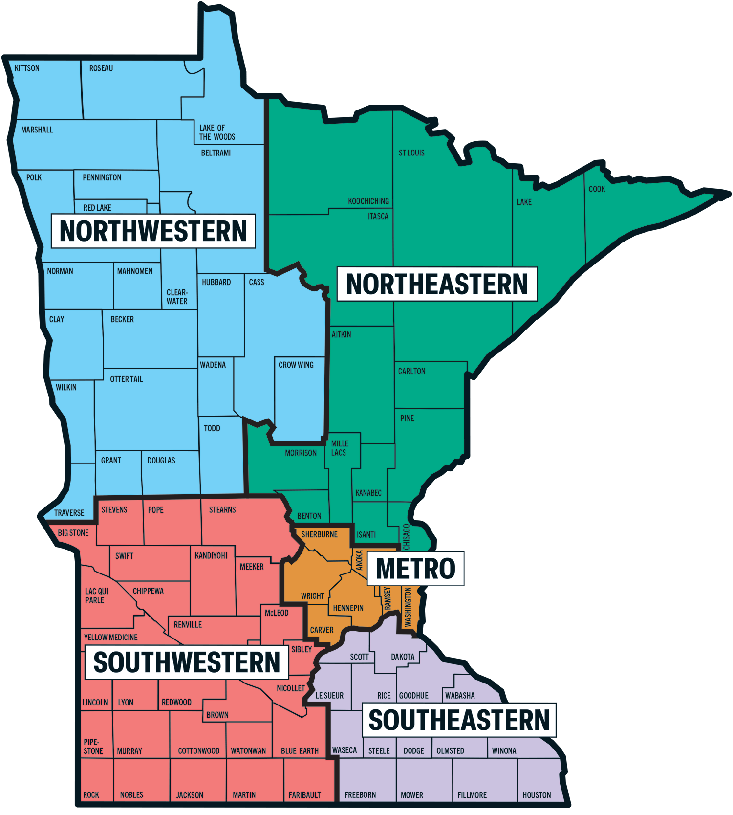 A map of the state of Minnesota, showing the inspection regions (northwestern, northeastern, metro, southwestern and southeastern) by county.