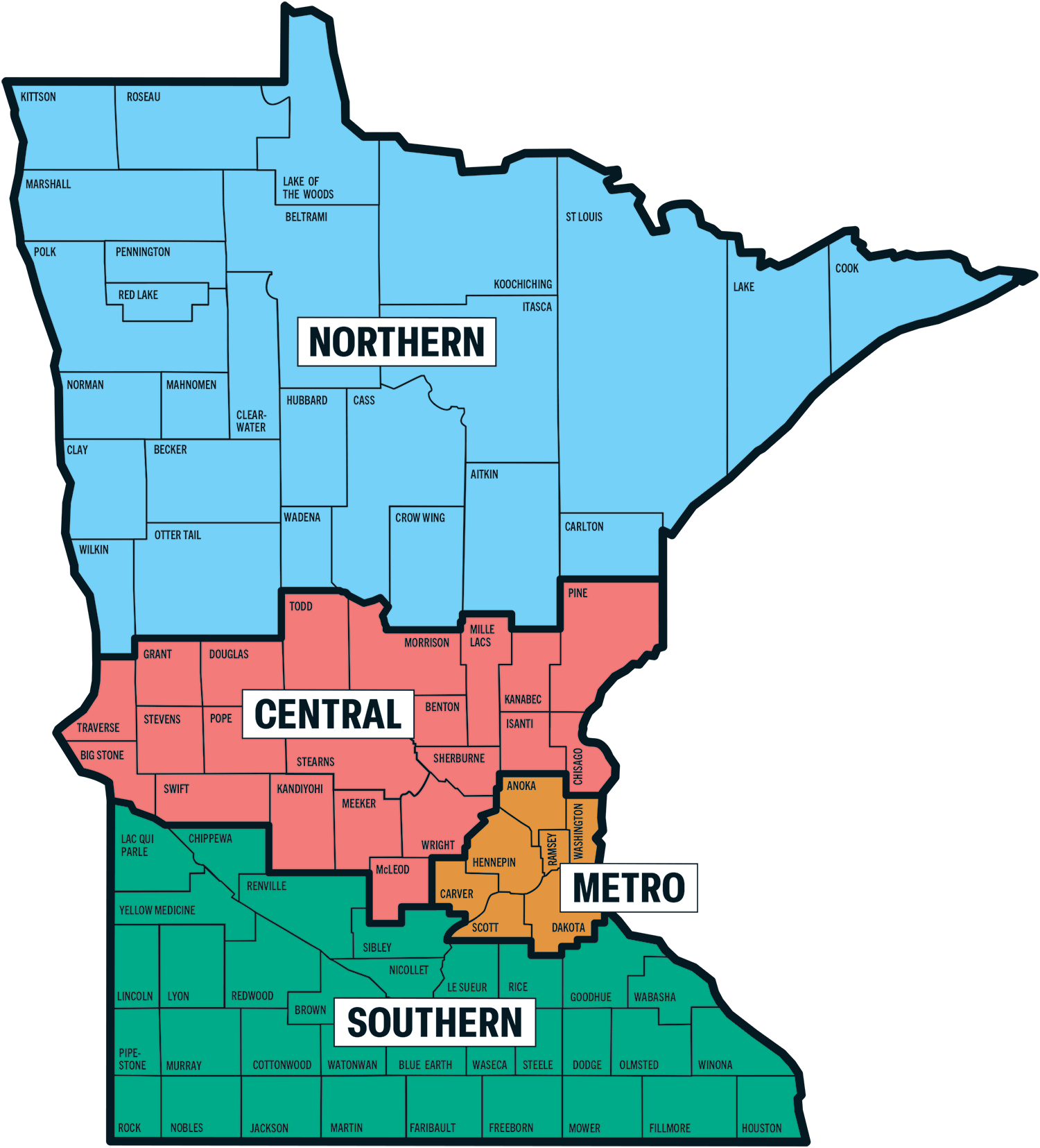 A map of the state of Minnesota, showing the different tech sergeant regions (northern, central, metro and southern) by county.