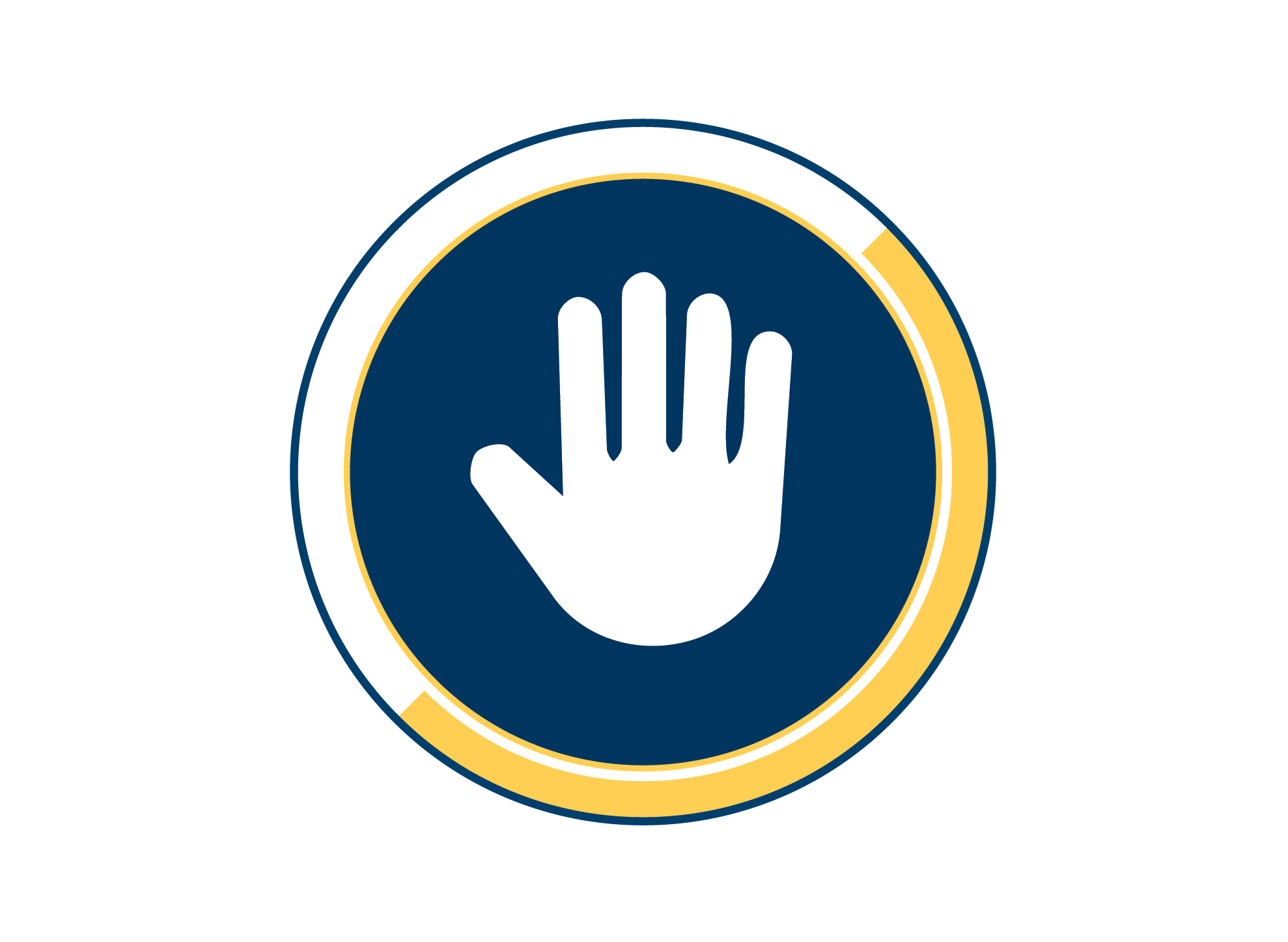 White hand icon with palm facing out on blue background 