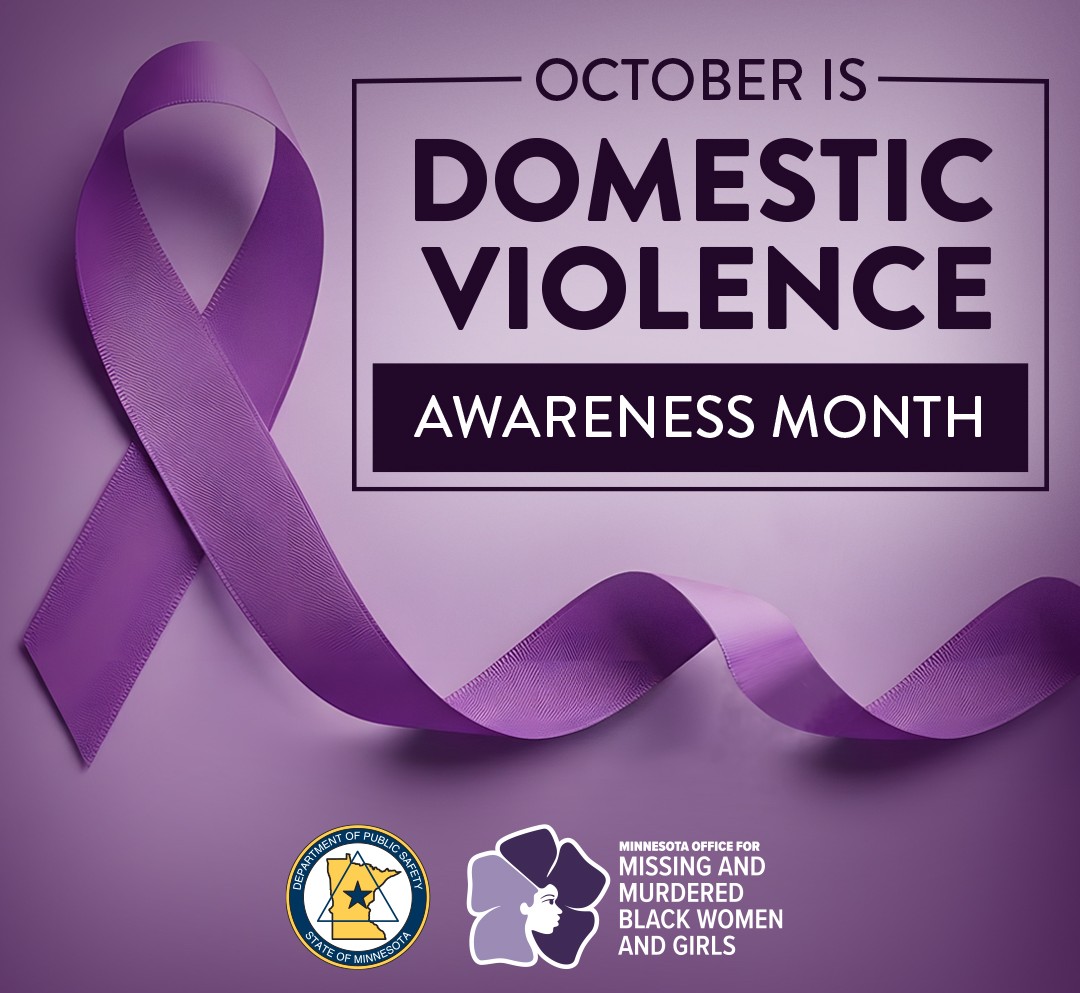 Words on a purple graphic say October is Domestic Violence Awareness Month. Missing and Murdered Black Women and Girls logo on bottom.