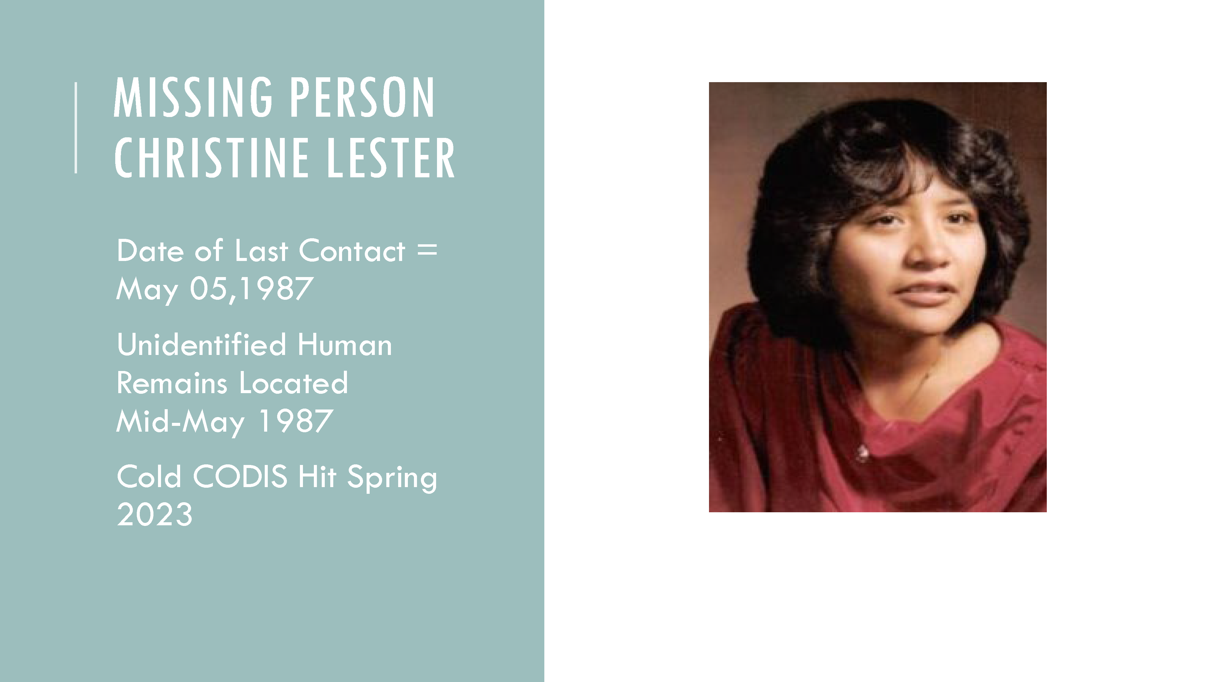 Missing person: Christine Lester