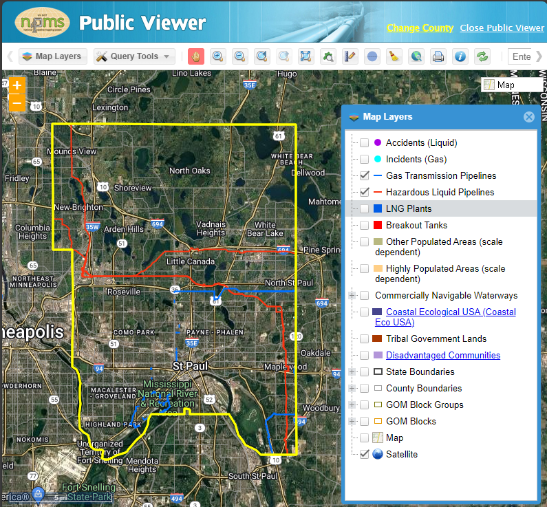 Image of the map view from the National Pipeline Mapping System application 