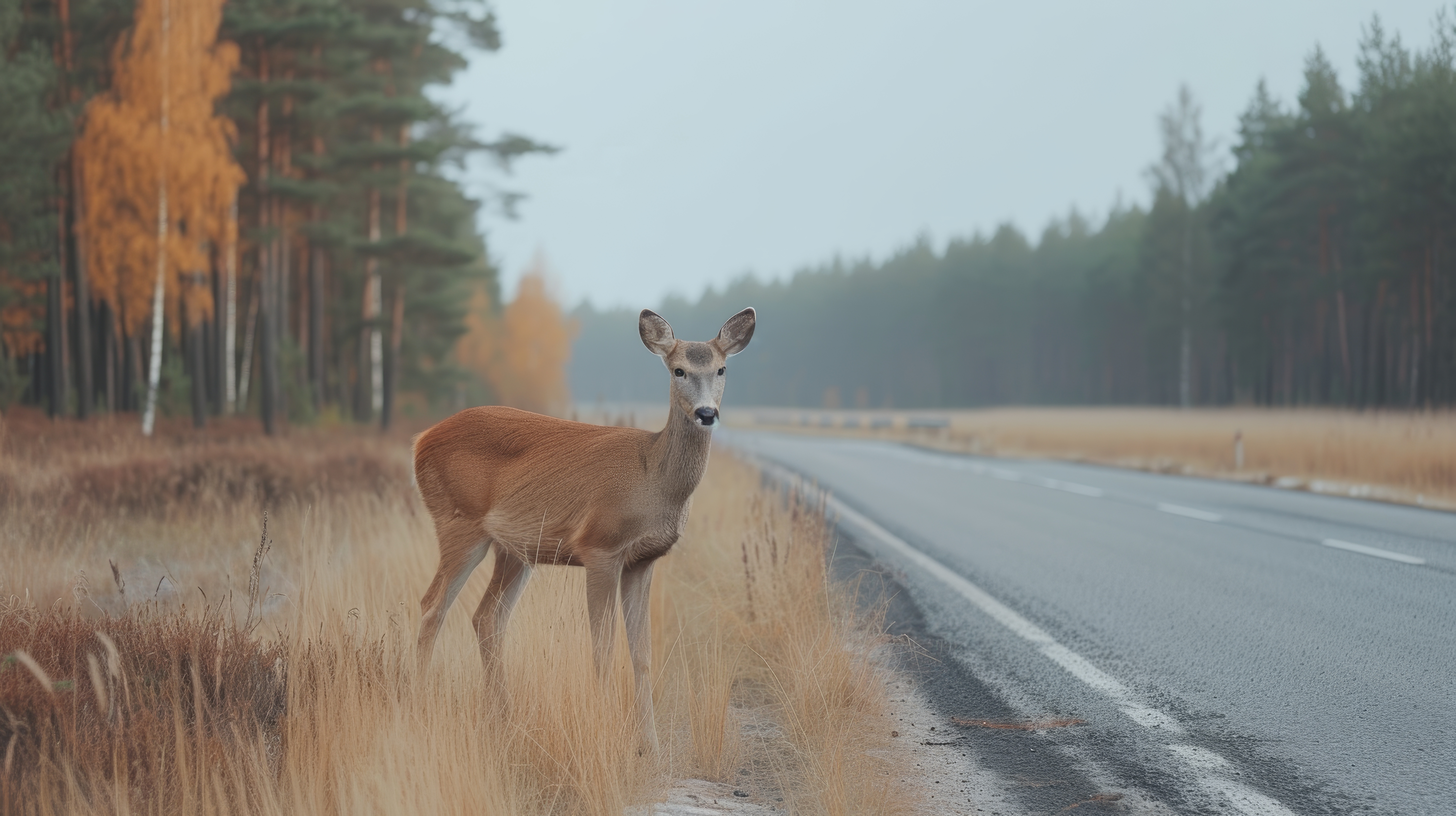 Deer on left side of rural road in the fall