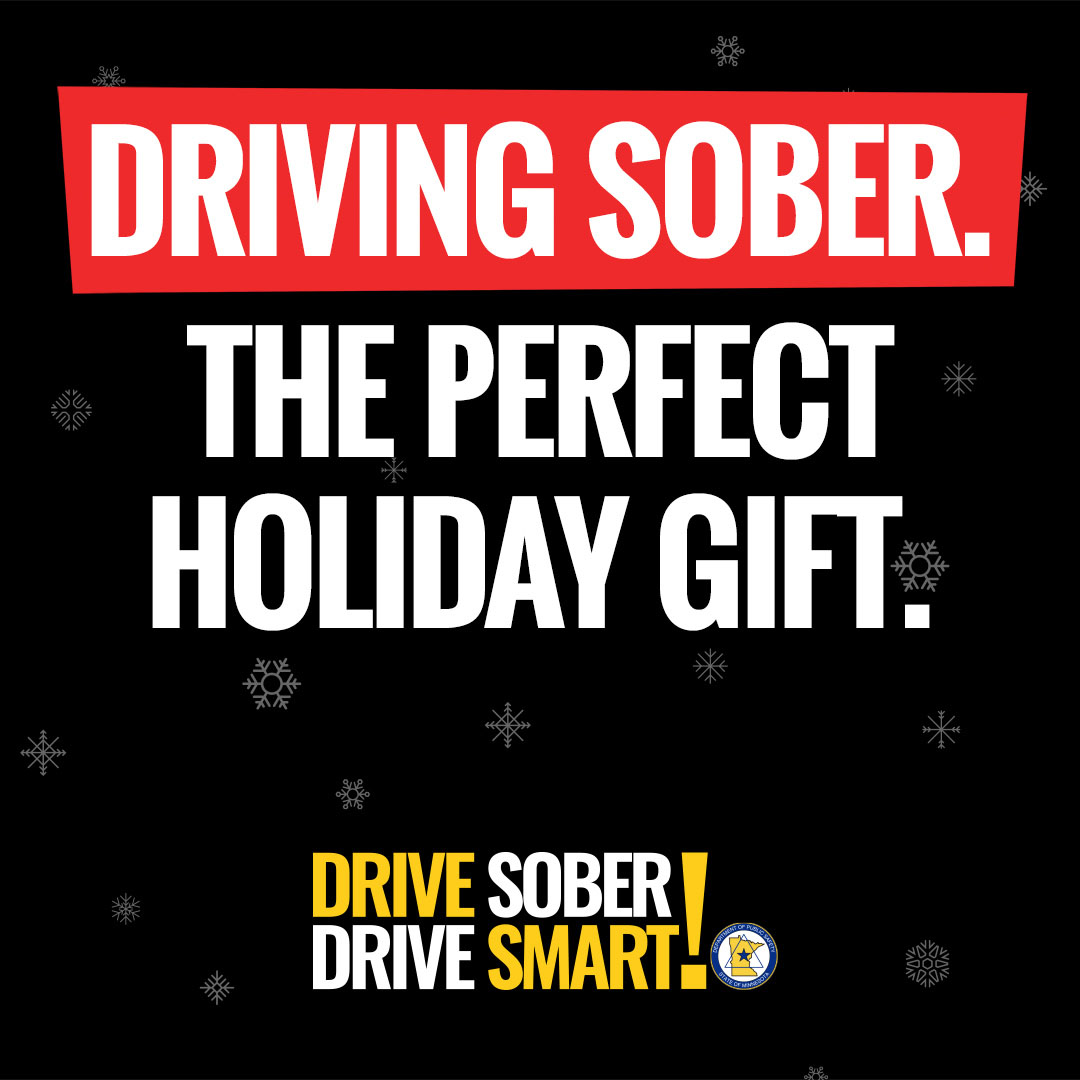 Holiday graphic with text that says driving sober. The perfect holiday gift. Drive sober. Drive smart!