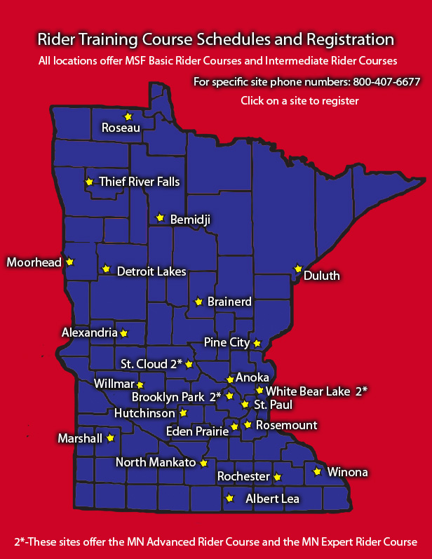 Map of the state of Minnesota showing the locations of Minnesota Motorcycle Safety Center for motorcycle driver training.