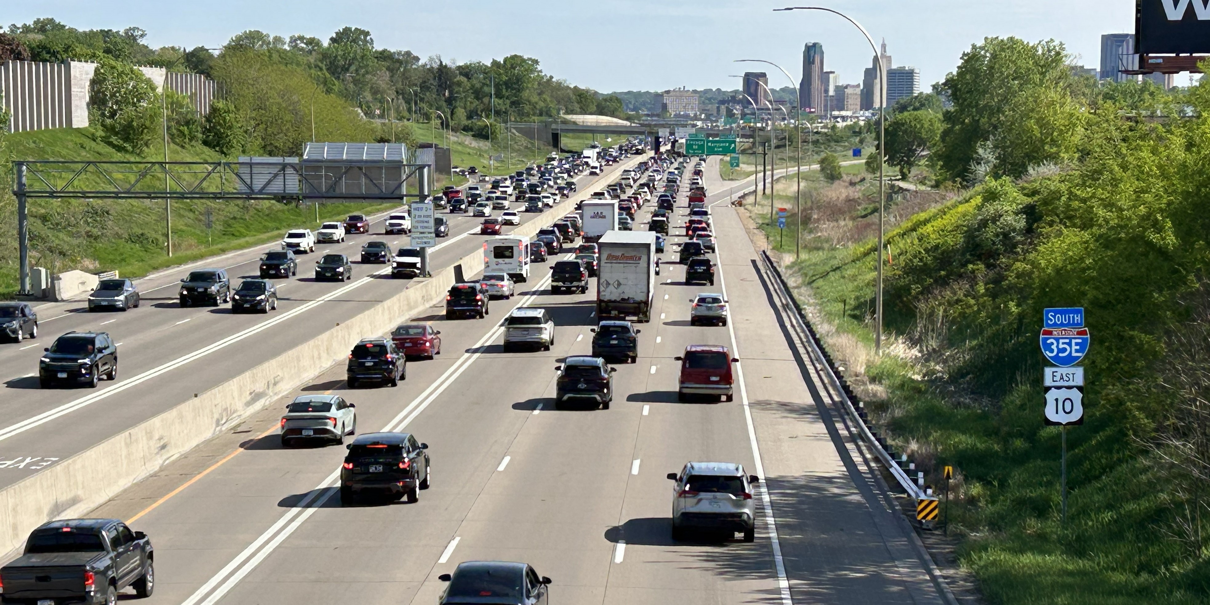 Cars and trucks on a freeway