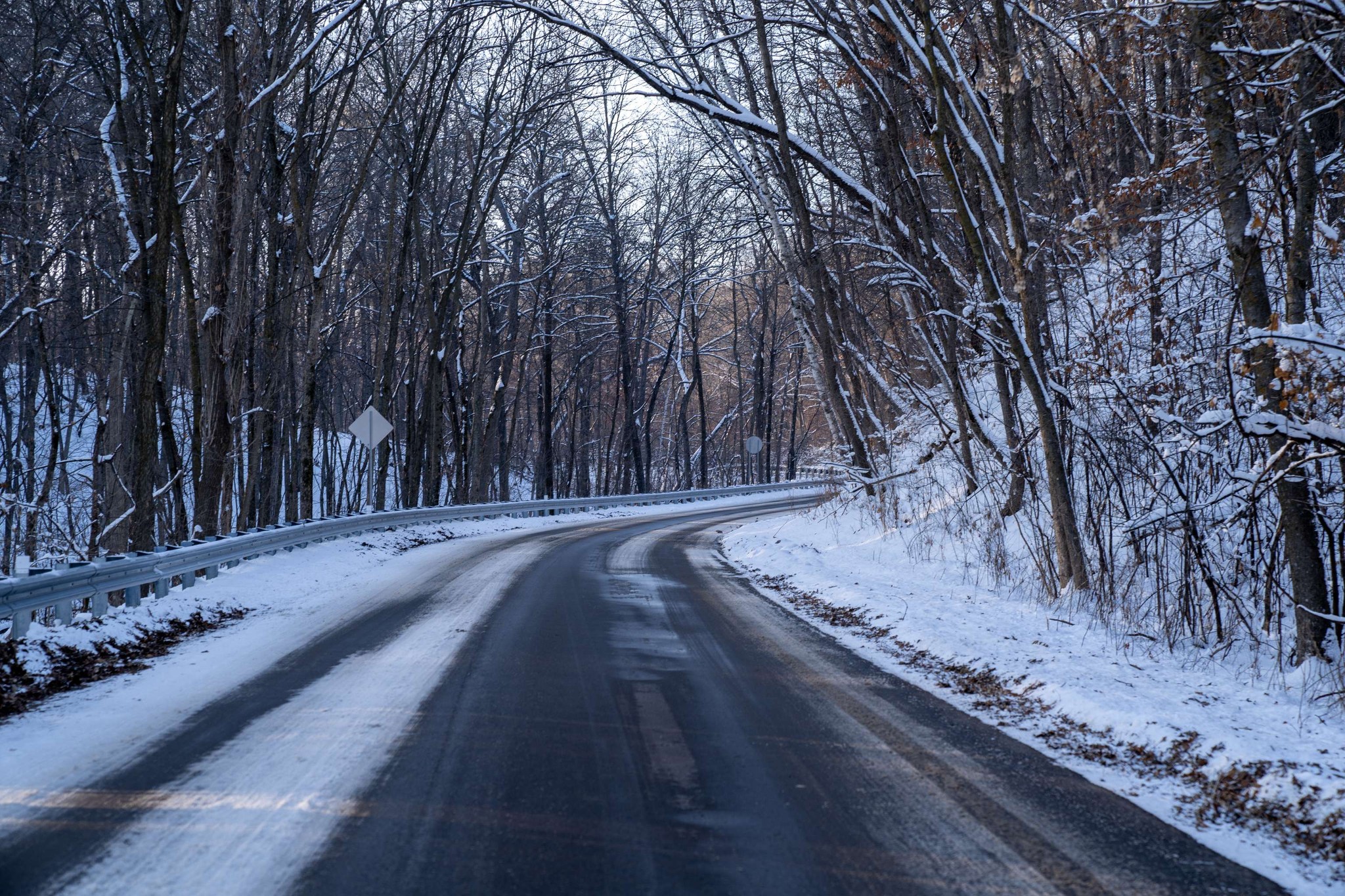 A snow-covered road that curves through the woods.