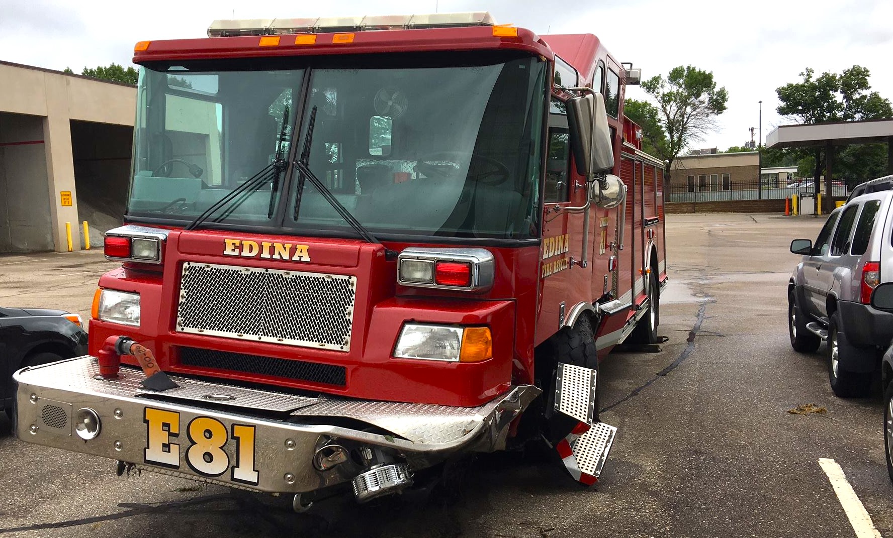 A damaged fire truck