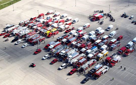 Fire truck staged at a scene.
